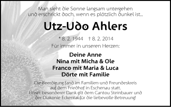 Traueranzeige von Utz-Udo Ahlers von Pegnitz-Zeitung